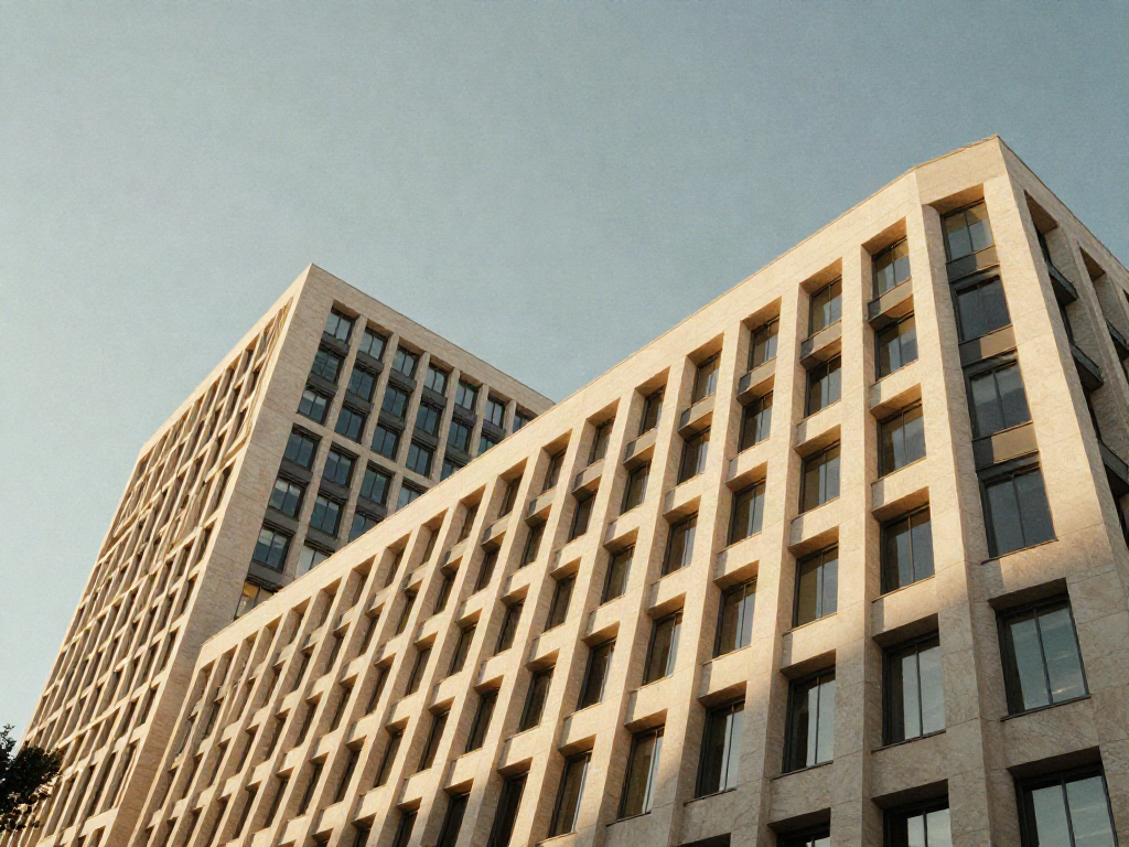 Sunlit contemporary office architecture viewed from a fresh, upward-looking perspective